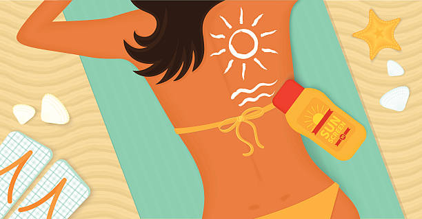 소녀 sunbathes 해변의 - teenage girls ideas blue yellow stock illustrations