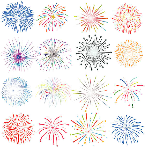 illustrazioni stock, clip art, cartoni animati e icone di tendenza di elementi di design di fuochi d'artificio vettoriale su sfondo bianco - firework display pyrotechnics exploding star