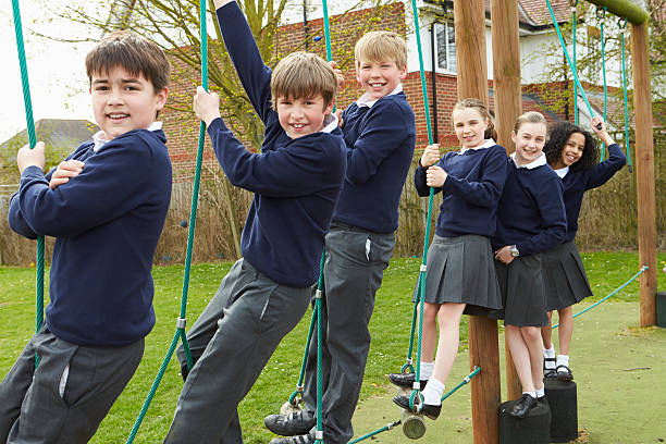 istock Portrait Of Elementary School Pupils On Climbing Equipment 475468879
