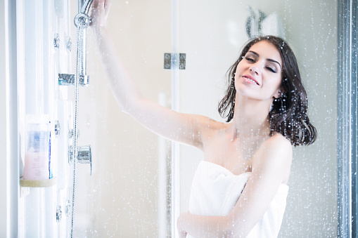 Beautiful Brunette Woman Taking Shower Showering And Enjoying Bath
