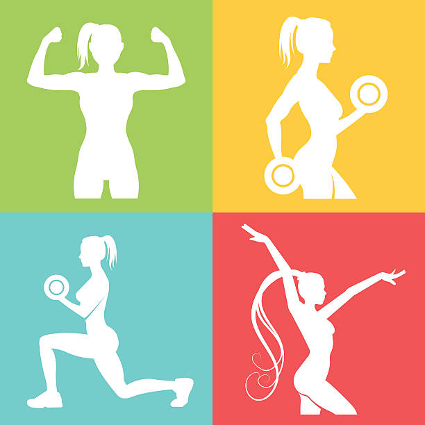Set of fitness logo with woman silhouettes Set of fitness logo with woman silhouettes. Woman in different poses with and without dumbbells. Vector illustration gym silhouettes stock illustrations