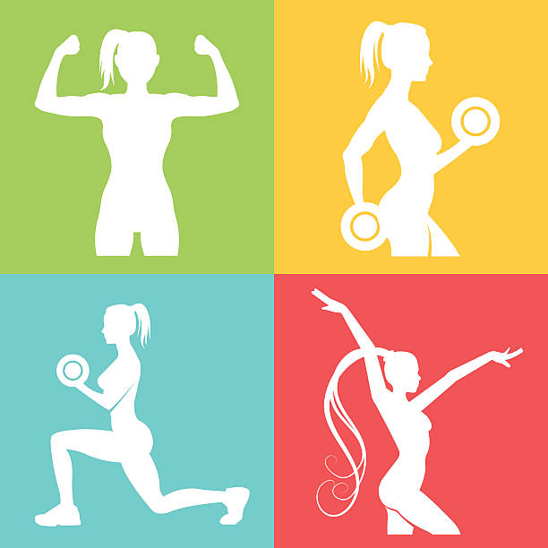 Set of fitness logo with woman silhouettes Set of fitness logo with woman silhouettes. Woman in different poses with and without dumbbells. Vector illustration dumbbell silhouette stock illustrations