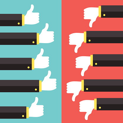 Like and dislike social network discussion concept. Thumbs up and thumbs down. Creative vector illustration.