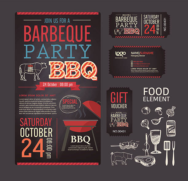 Barbecue party BBQ template menu design set. Barbecue party BBQ template menu design set. name card, gift voucher, ticket, food flyer. infographics design bar stock illustrations