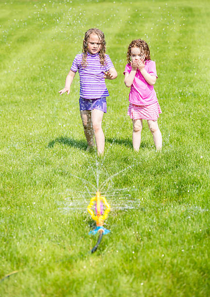 istock Two Young Girls Playing in Lawn Sprinkler 475479892