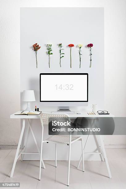 White Desk With Spring Environment Stock Photo - Download Image Now - Computer, Desk, Mobile Phone