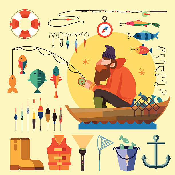 illustrazioni stock, clip art, cartoni animati e icone di tendenza di in una barca da pesca pescatore - nautical vessel fishing child image