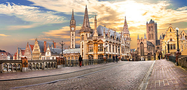 Ghent,Belgium. Beautiful medieval Ghent over sunset.Belgium. belgium photos stock pictures, royalty-free photos & images