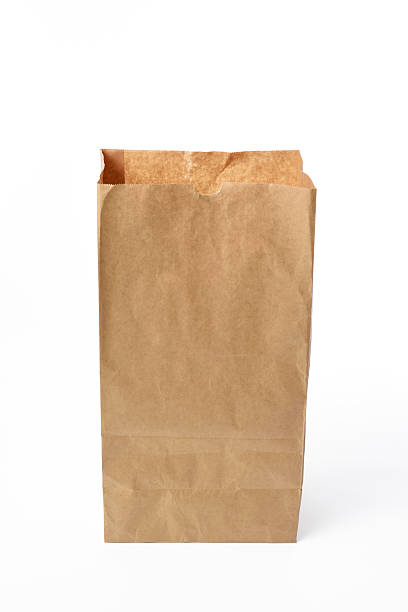 Opened blank brown paper bag on white background