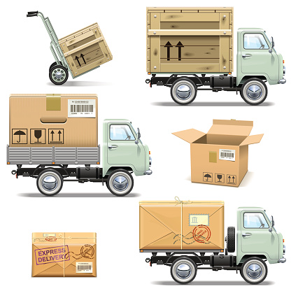 Vector delivery retro light truck with box, crate, parcel and cart, isolated on white background