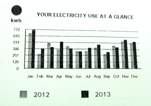 A view of a utility bill with a chart coparing two years of electricity use.