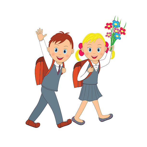 back to school.boy and girl going to schoo back to school.boy and girl going to school. girl with flowers, the boy waved his hand, illustration, vector back to schoo stock illustrations
