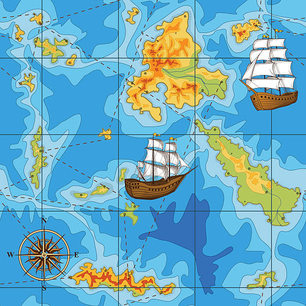 nahtlose karte mit kompass und schiffe - nautical vessel compass map retro revival stock-grafiken, -clipart, -cartoons und -symbole