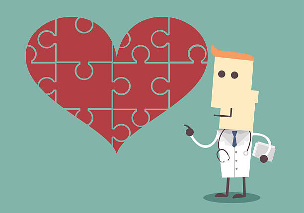 illustrazioni stock, clip art, cartoni animati e icone di tendenza di umano, persona con uno stetoscopio e un grande cuore di puzzle - healthcare and medicine communication doctor puzzle