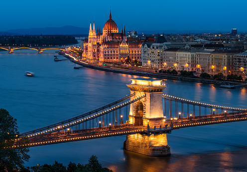 The beautiful Chain Bridge with the Hungarian Parliament in the background during blue hour.