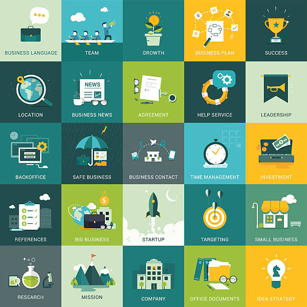 Business and Marketing Concepts Flat design business and marketing concepts. Can be used as icons and for web banners , backgrounds, web templates, presentations etc… determination illustrations stock illustrations