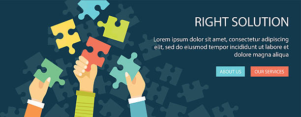 Flat banner of right solution. Hands holding a puzzle pieces. vector art illustration