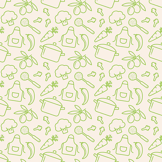 Kitchen seamless pattern. Vector background. Food and kitchen seamless pattern. Cute background with line icons for culinary theme. Vector illustration. cooking stock illustrations