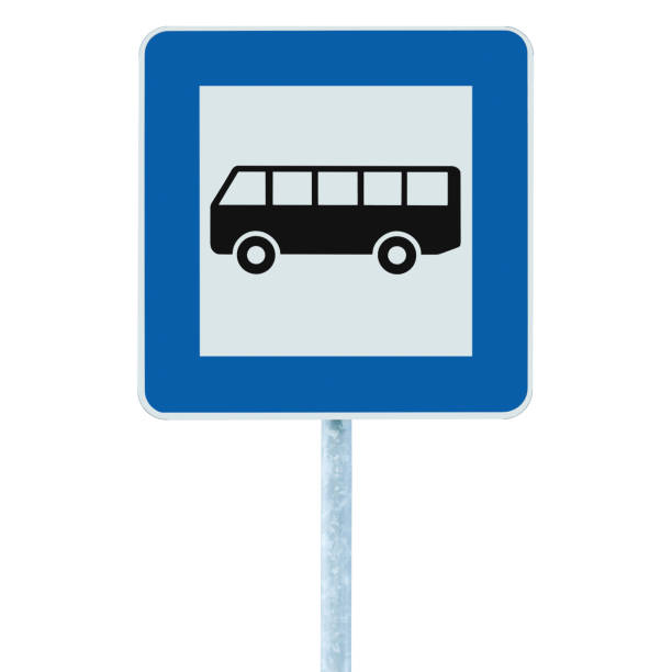 istock Bus Stop Sign pole post, traffic road roadsign, blue isolated 475513525