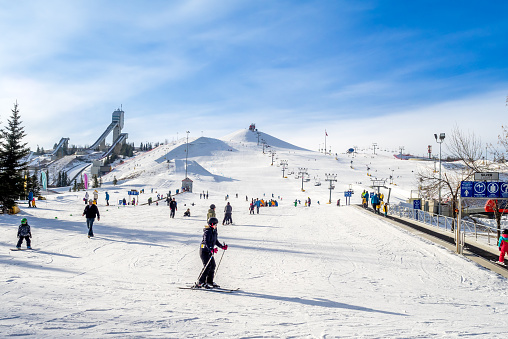 Calgary, Canada - March 1, 2015: People enjoying the skiing at Canada Olympic Park on March 1, 2015 in Calgary, Alberta. Visible are skiers at the base of the hill. Ski jump towers are on the top left.