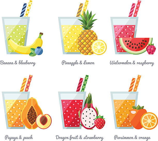 과일 스무디 (주스) 벡터 컨셉입니다. 건강한 음료입니다. - backgrounds banana berry fruit blended drink stock illustrations