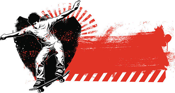 illustrations, cliparts, dessins animés et icônes de skate pochoir shield avec fond grunge rouge - coat of arms retro revival banner dirty