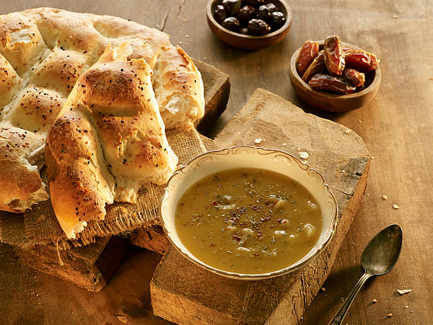 ramadan meal with date, olives and soup