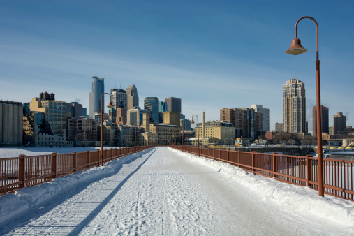 Snow covering the Stone Arch Bridge, Minneapolis, Minnesota, USA