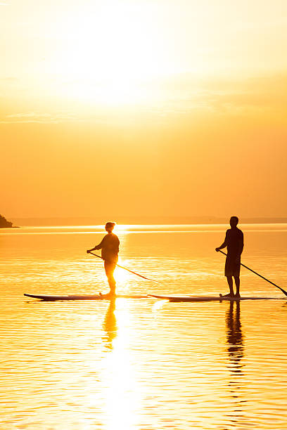 istock Couple Stand Up Paddle Boarding at Sunset 475526546