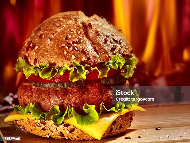 Hamburger With Ham On Wooden Board Stock Photo - Download Image Now - 2015, Baked, Baked Pastry Item