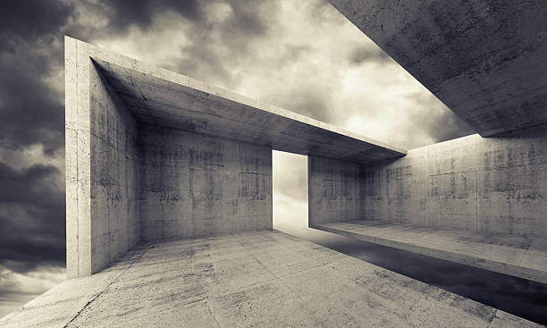 istock Concrete interior with dark moody sky, 3d 475530050