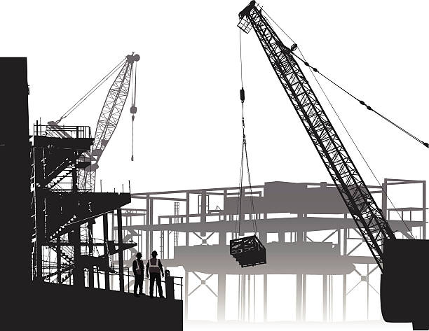 bauarbeiten am fahrplan - silhouette crane construction construction site stock-grafiken, -clipart, -cartoons und -symbole