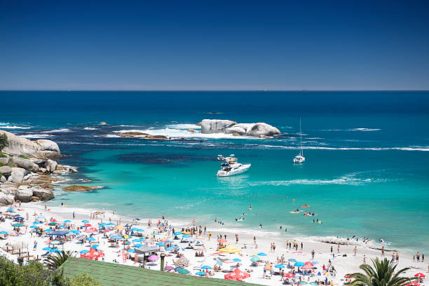 clifton beach, kapstadt, südafrika - cape town beach crowd people stock-fotos und bilder