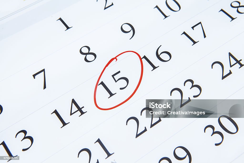 Tax Day Page of calendar showing date of 15th Calendar Stock Photo