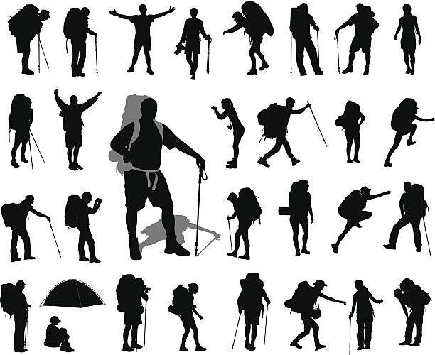 Backpacker set People with backpack vector silhouettes set. EPS 8 hiking stock illustrations