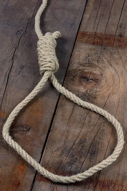 Rope with hangman's noose on wooden background