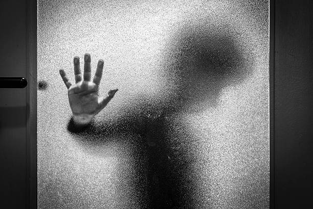istock Boy Behind Door. Do Not Enter, B&W 475547270