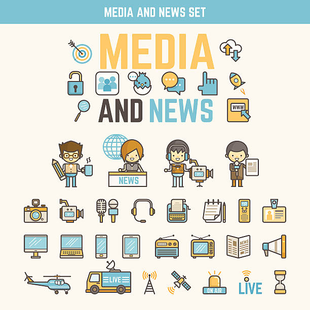 media and news infographic elements for kid media and news infographic elements for kid including characters and icons web radio stock illustrations