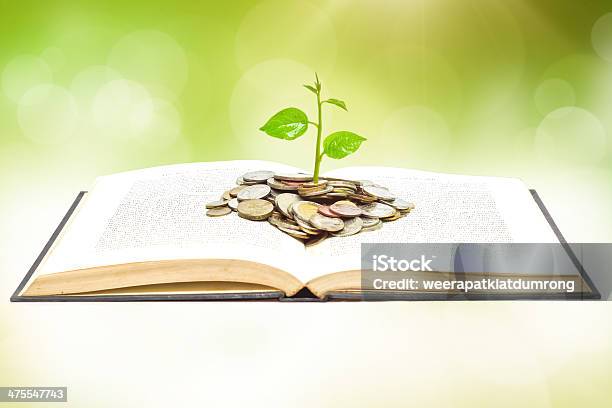 Tree Growing From Book With Coins Stock Photo - Download Image Now - Investment, Education, Book