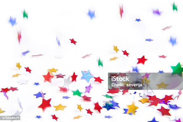 Confetti Colorful Flying Isolated On White Stock Photo - Download Image Now - Abstract, Anniversary, Birthday