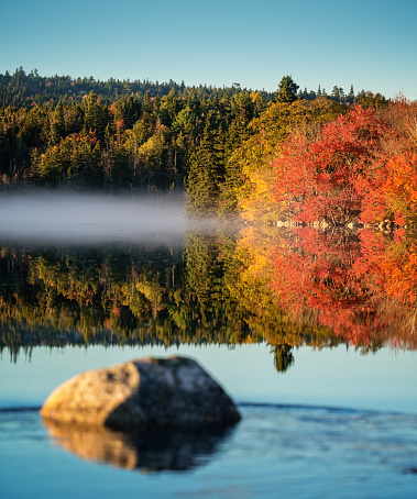 Early morning fog hangs over a still lake in Autumn.