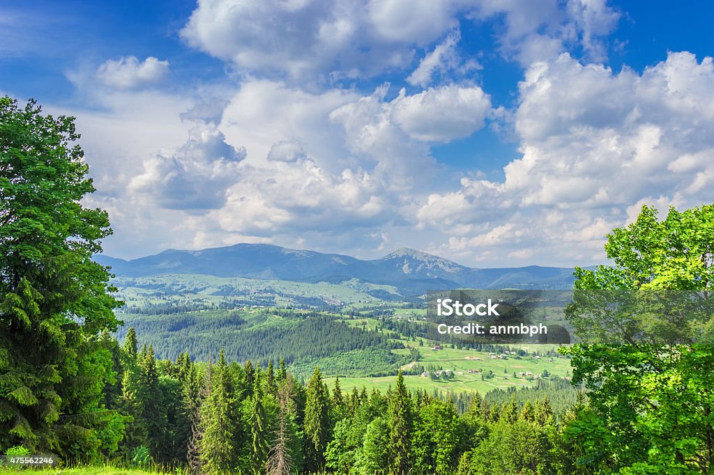 Mountain landscape Mountain landscape with mountain village and forest in the foreground against the sky with clouds 2015 Stock Photo