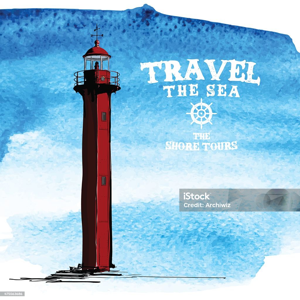 Vector Hand drawn Lighthouse illustration and watercolor blot. Vintage Travel background. Retro Style stock vector