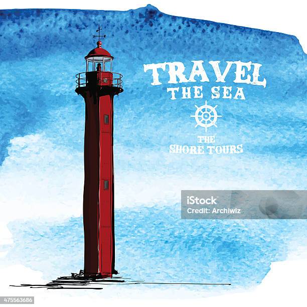 Vector Hand Drawn Lighthouse Illustration And Watercolor Blot Stock Illustration - Download Image Now