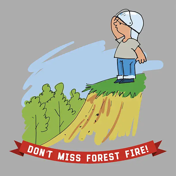 Vector illustration of Boy looks out for forest fire