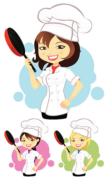 Female Chef holding a skillet vector art illustration