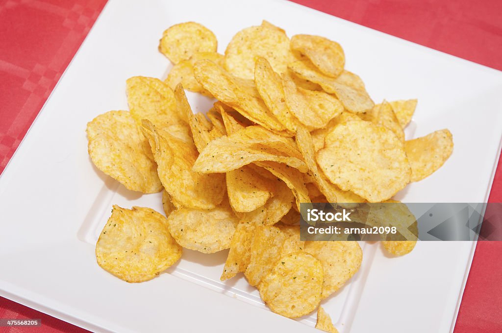 Potato chips Potato chips on a plate with red background Computer Chip Stock Photo