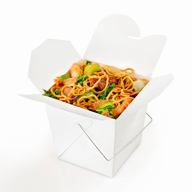 Chinese Take Out, Chow Mein Chow Mein Noodles with Shrimp, beef, pork and Chicken -Photographed on Hasselblad H3D2-39mb Camera  chinese takeout stock pictures, royalty-free photos & images