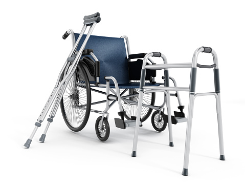 Wheelchair, crutches and walker isolated on white.