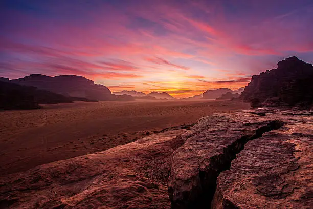 Scenic sunrise in Wadi Rum desert, Jordan
